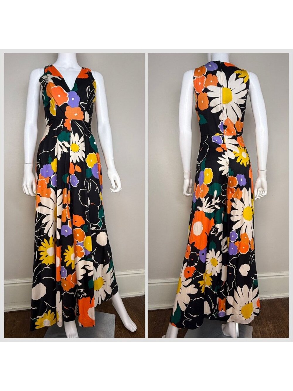 Vintage 1960s/70s Black Floral Wide Leg Jumpsuit, Size XXS/XS